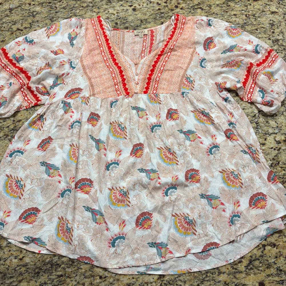 GiGiO Plus Floral Babydoll Top XL Boho Embroidered V-Neck Blouse Coral